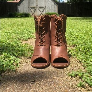 Leather peep toe boot heels, never worn